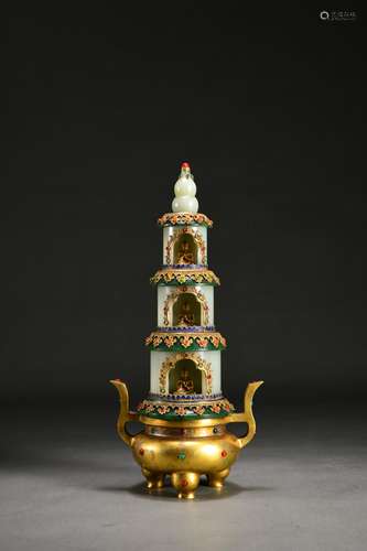 CHINESE GILT BRONZE CENSER AND JADE STUPA