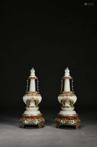 CHINESE JADE STUPA, PAIR