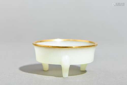 CHINESE WHITE JADE CENSER WITH GILT BRONZE RIM