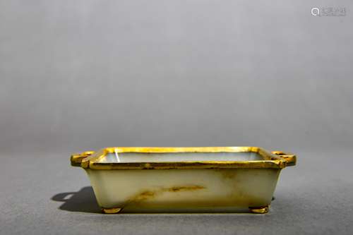 CHINESE JADE TRAY WITH GILT BRONZE RIM