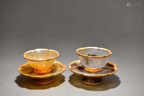 CHINESE AGATE CUPS AND SAUCERS, PAIR