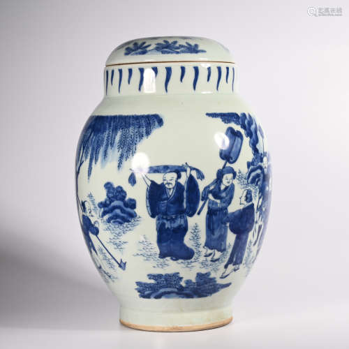 CHINESE BLUE WHITE PORCELAIN COVER JAR, MARKED