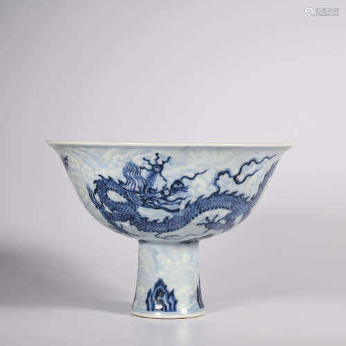 CHINESE BLUE WHITE DRAGON PORCELAIN BOWL, MARKED