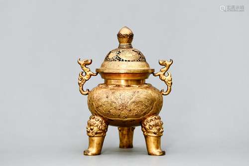 CHINESE GILT BRONZE TRIPOD CENSER