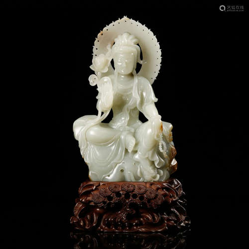 CHINESE CELADON JADE CARVED GUANYIN