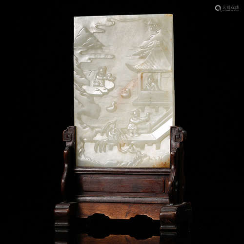 CHINESE WHITE JADE PLAQUE TABLE SCREEN