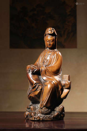 Chinese Huangyang Wood Carved Seated Guanyin