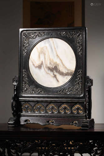 Chinese Marble Plaque On Hardwood Table Screen