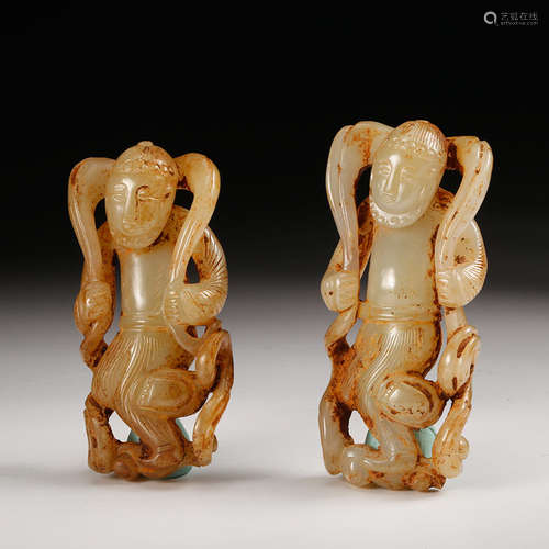 CHINESE JADE IMMORTAL FIGURINES, PAIR