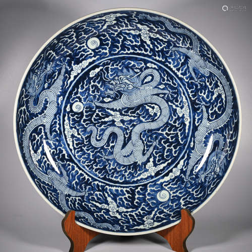 CHINESE BLUE WHITE DRAGON PORCELAIN PLATE