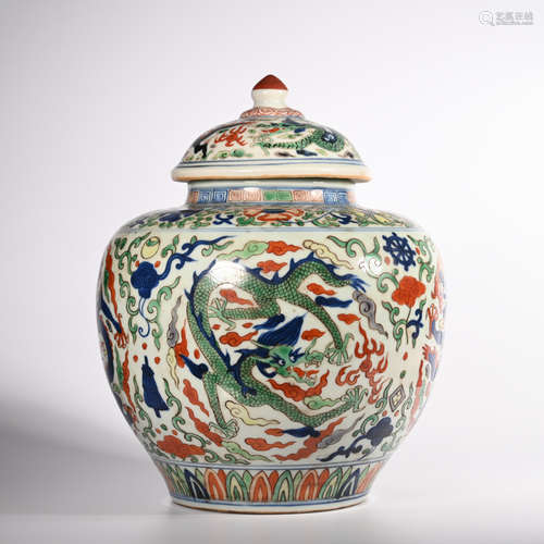 CHINESE WUCAI PORCELAIN DRAGON COVER JAR, MARKED