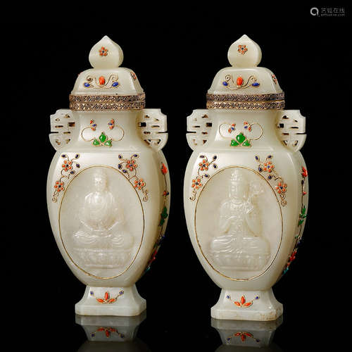 CHINESE PAIR OF WHITE JADE VASE WITH INLAID