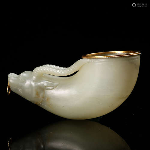 CHINESE CELADON JADE SHEEP’S HEAD CUP