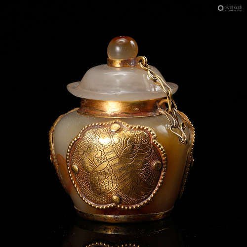 CHINESE AGATE GILT BRONZE COVER JAR