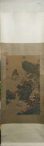 CHINESE INK AND COLOR LANDSCAPE SCROLL PAINTING