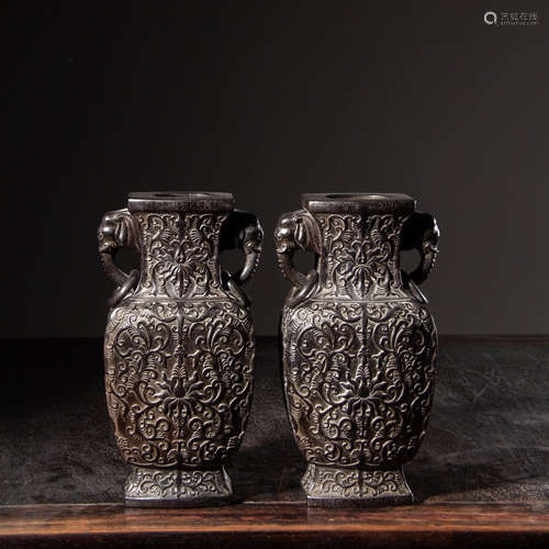 CHINESE HARDWOOD VASES, PAIR