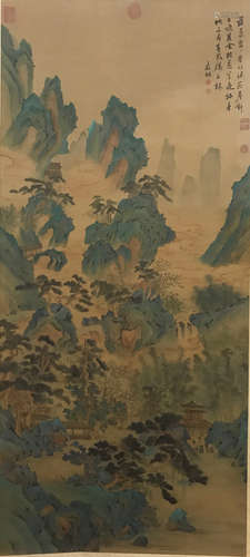 CHINESE INK AND COLOR LANDSCAPE SCROLL PAINTING