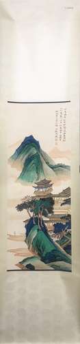 CHINESE INK AND COLOR LANDSCAPE SCROLL PAINTING