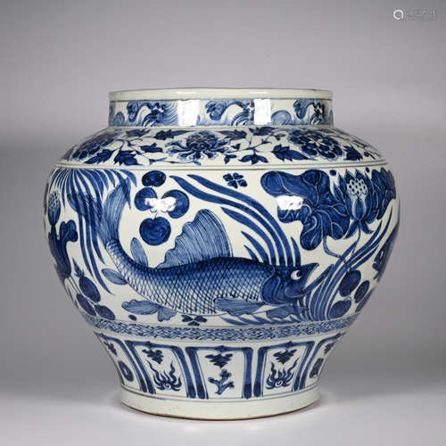 CHINESE BLUE WHITE CARP PORCELAIN FISH BOWL