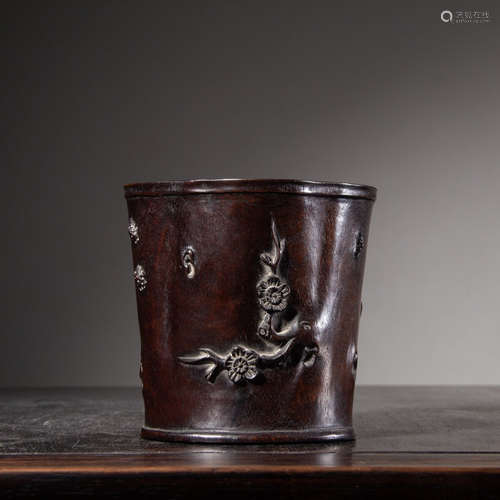 CHINESE HARDWOOD CARVED BRUSH POT