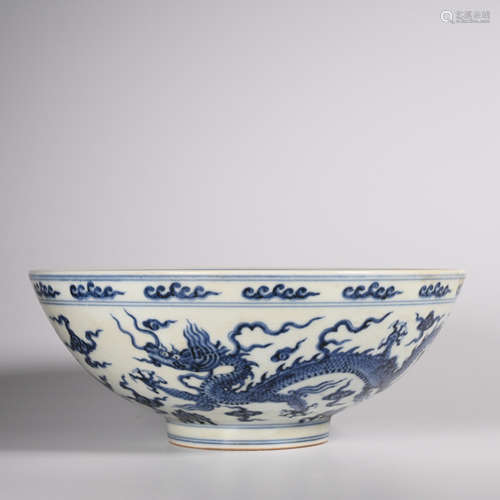 CHINESE BLUE WHITE DRAGON PORCELAIN BOWL, MARKED