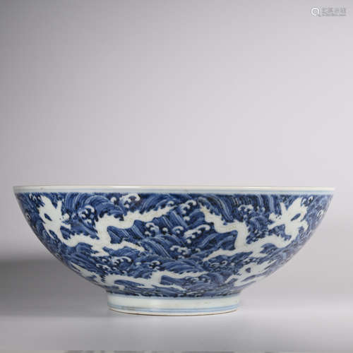 CHINESE BLUE WHITE DRAGON PORCELAIN BOWL, MARKED