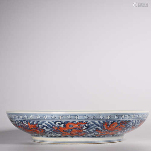 CHINESE BLUE WHITE IRON RED PORCELAIN PLATE, MARKE