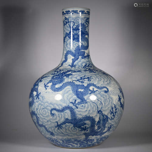 CHINESE BLUE WHITE DRAGON BOTTLE VASE, MARKED