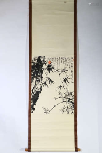 CHINESE BAMBOO AND CALLIGRAPHY SCROLL PAINTING