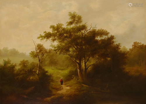 Two figures walking along a forest path