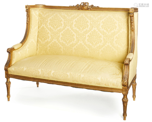 A French Louis XVI-style settee with yellow damask