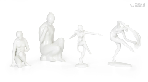 Four white porcelain nude figures