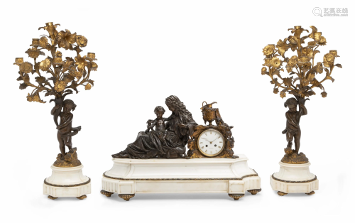 A French figural bronze and marble clock and garniture