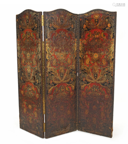 A Spanish-style tooled leather folding screen