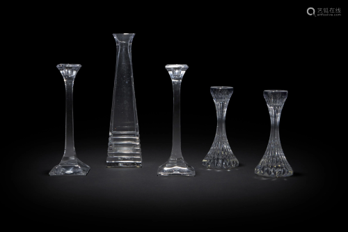 Five clear art glass table items