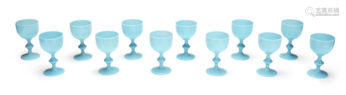 Twelve light blue French opaline glass goblets