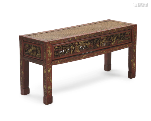 A Chinese painted and carved wood bench