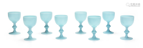 Eight light blue French opaline glass goblets