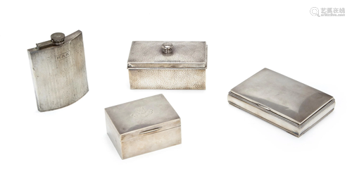 A group of silver boxes and a flask