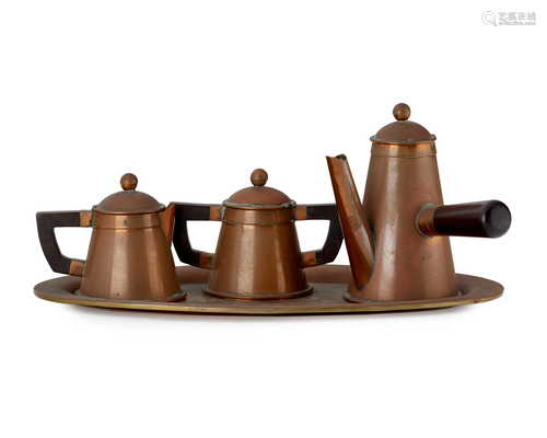 A Hector Aguilar wood and copper espresso set