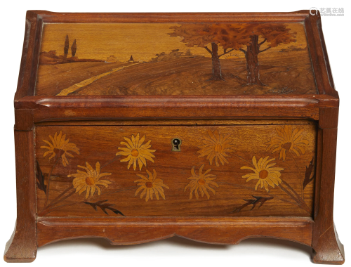 A Galle style marquetry inlay table top jewelry box