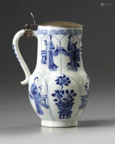 A SILVER-MOUNTED CHINESE BLUE AND WHITE MOULDED 'LADIES EWER, KANGXI PERIOD (1662-1722)