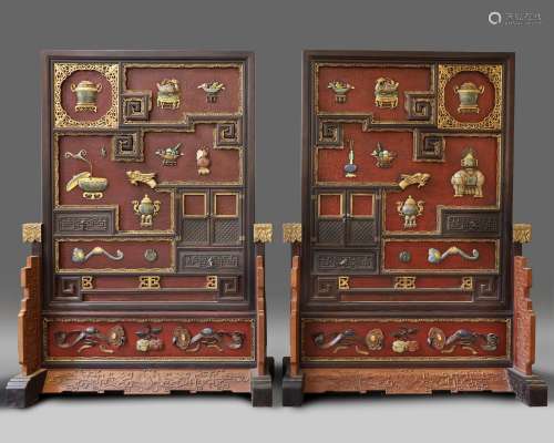 A PAIR OF EXCEPTIONAL LARGE CHINESE PRECIOUS OBJECT-INLAID SCREENS, 19TH-20TH CENTURY