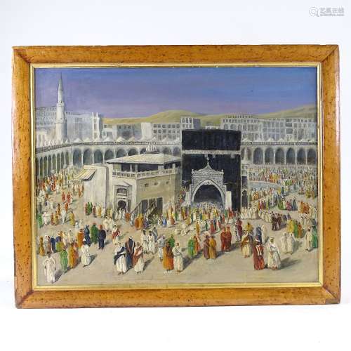 AN OIL PAINTING DEPICTING A PILGRIMAGE TO MECCA, EARLY 20TH CENTURY