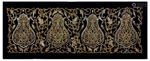 PANEL OF RECTANGULAR FORM, EMBROIDERED WITH SILVER-GILT THREAD OVER A BLACK GROUND, 20TH CENTURY