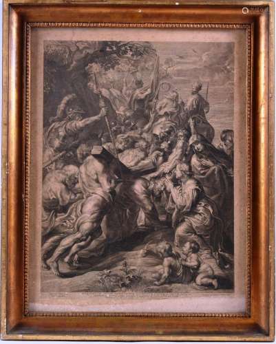 Paulus PONTIUS after Pierre-Paul RUBENS- Jesus baiulans crucem exivit in eum qui dicitur calvariae locum。S. l.，1632年。安特卫普艺术家保卢斯-庞蒂乌斯（Paulus Pontius，1603-1685年）根据布鲁塞尔皇家美术馆收藏的鲁本斯的画作雕刻而成。作品描绘了基督背着十字架，由西门的帮助，从后面看到另一个人，圣维罗尼卡跪在地上，用面纱擦拭基督的脸。圣母和圣约翰站在他身边。背景是罗马士兵带领队伍走向各各他。污垢和雀斑。尺寸：60厘米x45厘米