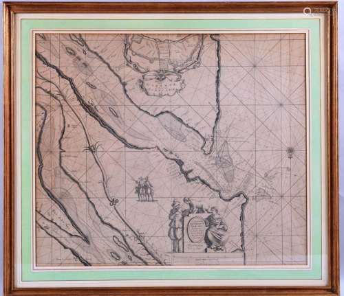 范博德河畔的帕斯卡尔-范-德-加洛姆纳.梅多克和圣东日地区吉伦特河两岸的海图，附有波尔多的小插图和多尔多涅和加龙河交汇处的不规则插图。图案式卡图。北朝南。发布者Keulen, J. van.约1682年由Johannes van Keulen在阿姆斯特丹编辑。尺寸：49厘米x58厘米