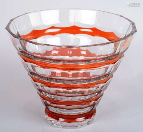 Val-Saint-Lambert喇叭形水晶花瓶，装饰艺术风格，内衬橙色带子高：16厘米 直径高：20厘米