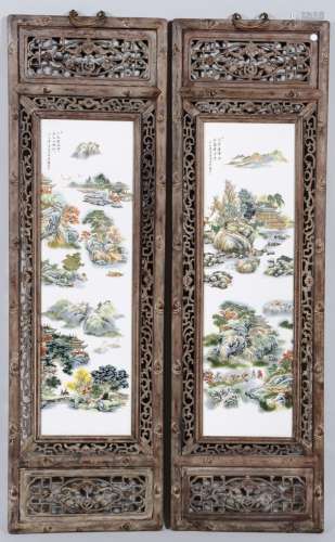中国湖光山色瓷盘两件套。雕花和镂空木框。中国，20世纪。尺寸：120厘米x36.5厘米