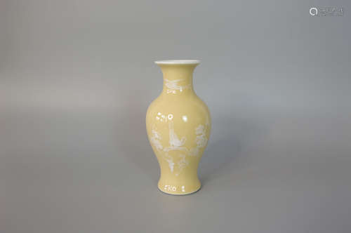 Jianguo Porcelain Factory in 1970s, Flowers Painting Yellow Glaze Porcelain Vase